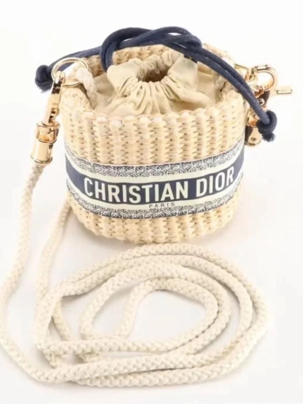 Mini Christian Dior Beauty VIP Drawstring Straw Pouch Crossbody Bag